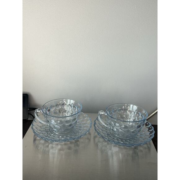 Anchor Hocking Other - 2 Anchor Hocking Fire King Blue Bubble Cup Saucer MCM 1940-1965 Coffee Tea